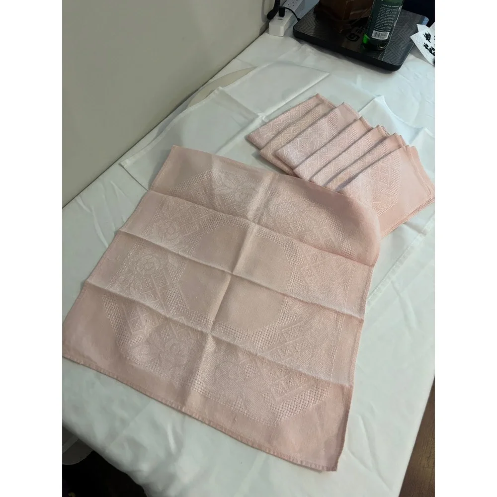 Vintage Blush Pink Linen Damask Napkins Set of 8 Geometric Floral 16x16 Square